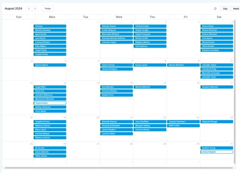 Booking calendar wall to wall with named bookings