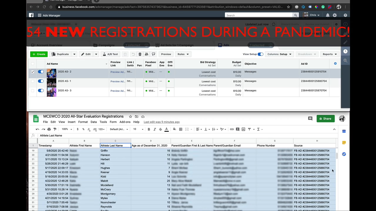 Ads Manager and registration spreadsheet: 54 new registrations during a pandemic