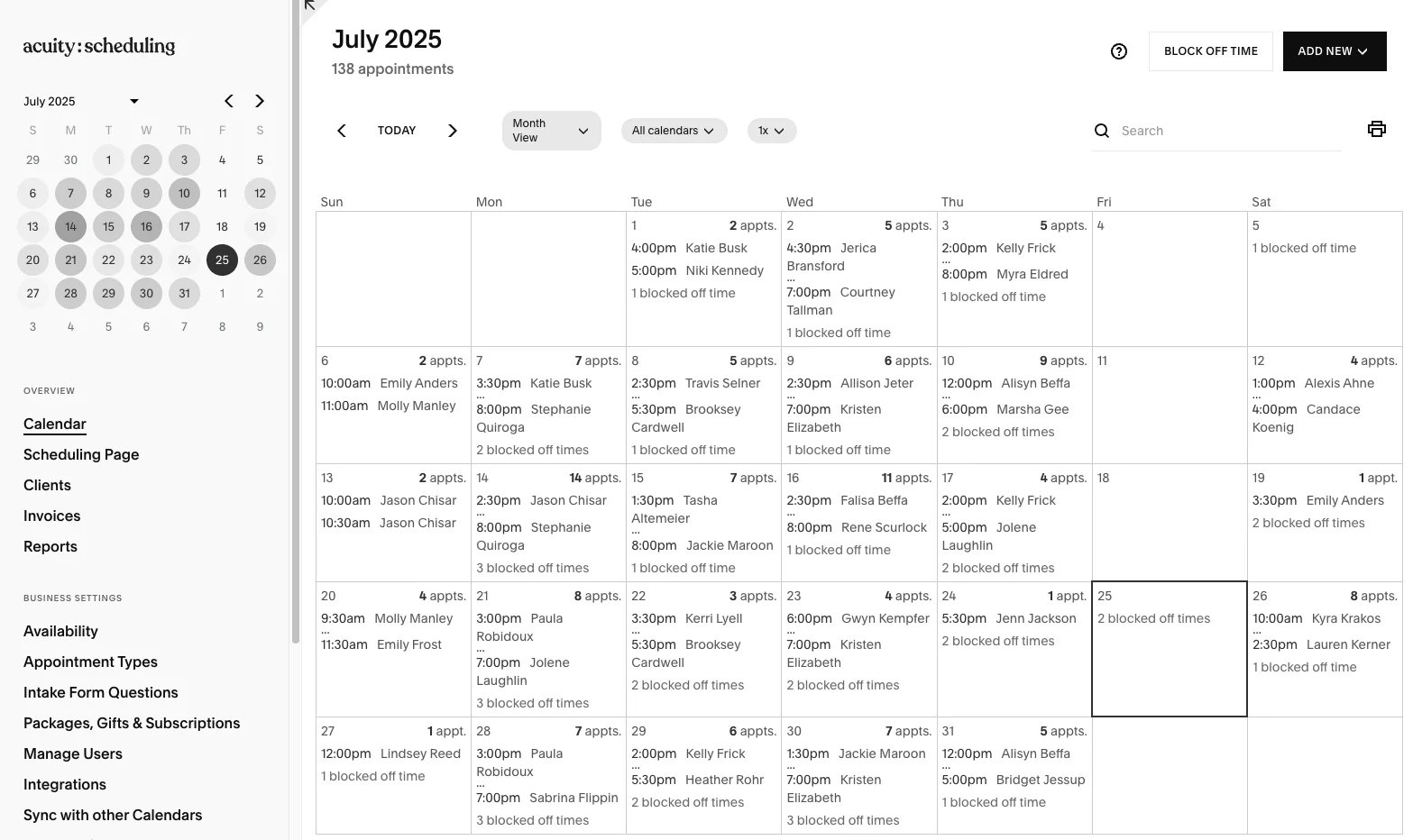 Acuity calendar showing 138 booked appointments in one month