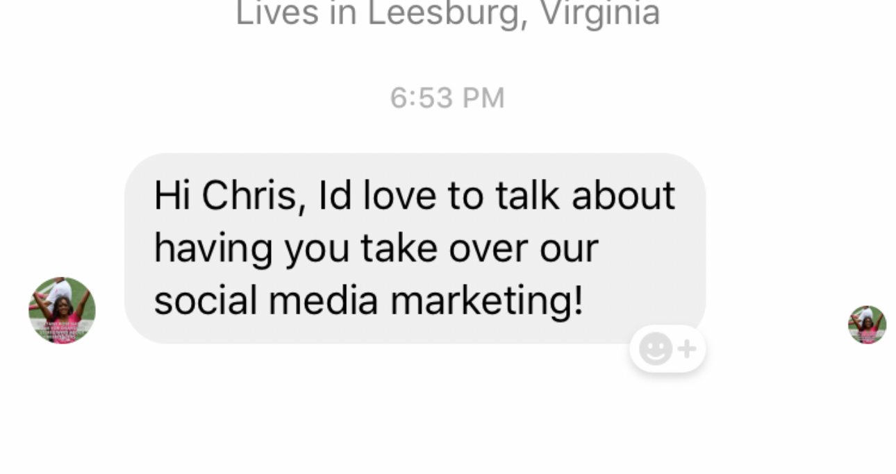 Message from an owner asking Chris to take over their social media marketing