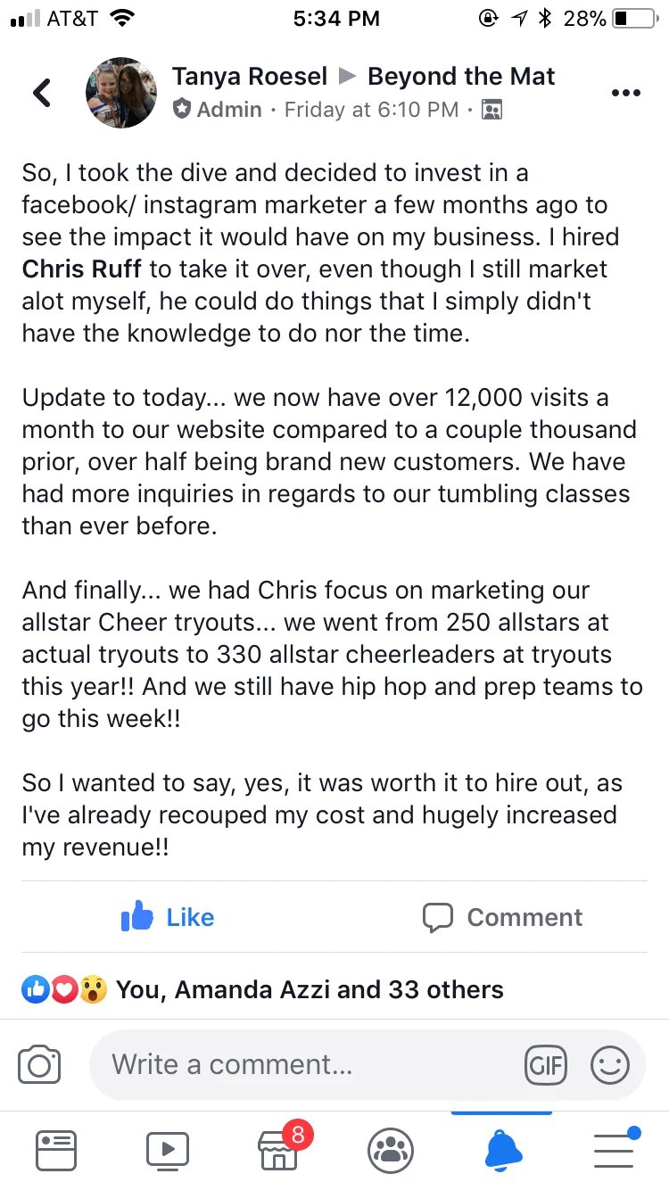 Facebook post from Tanya Roesel about recouping cost and 12,000 visits a month