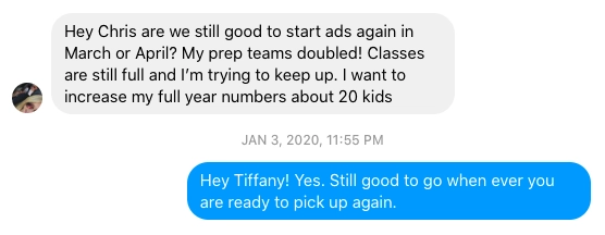 Text from Tiffany: prep teams doubled, classes still full and trying to keep up