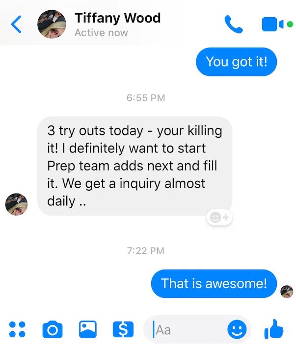 Text from an owner: three tryouts today, getting inquiries almost daily