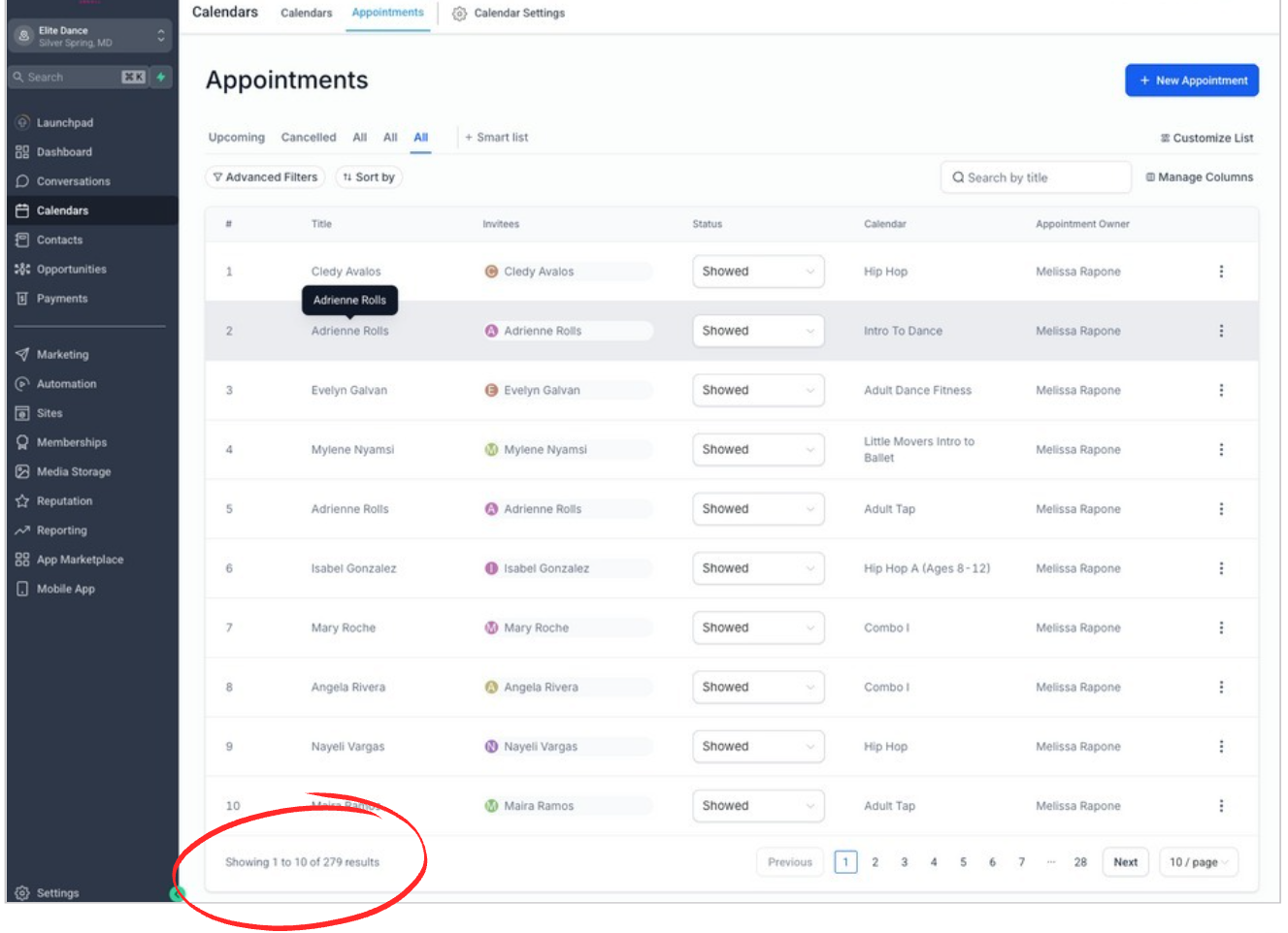 GHL appointments list showing 279 booked and showed classes at Elite Dance