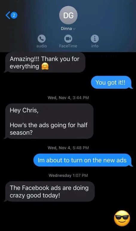 Text: the Facebook ads are doing crazy good today