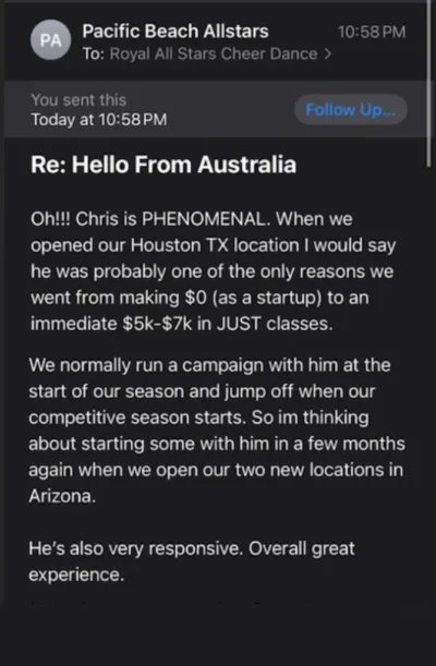 Email from Pacific Beach Allstars about going from zero to $5-7k in classes
