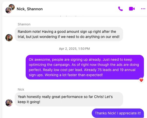 Text thread: 75 leads and 19 annual sign ups, working faster than expected