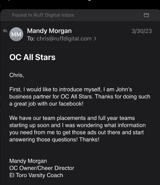 Email from OC All Stars cheer director thanking Chris