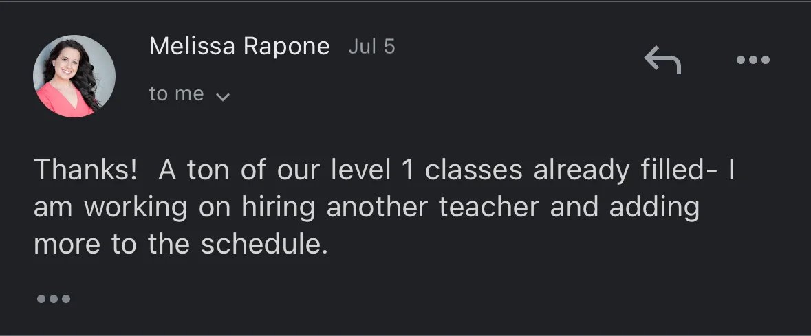 Email: a ton of our level 1 classes already filled, hiring another teacher